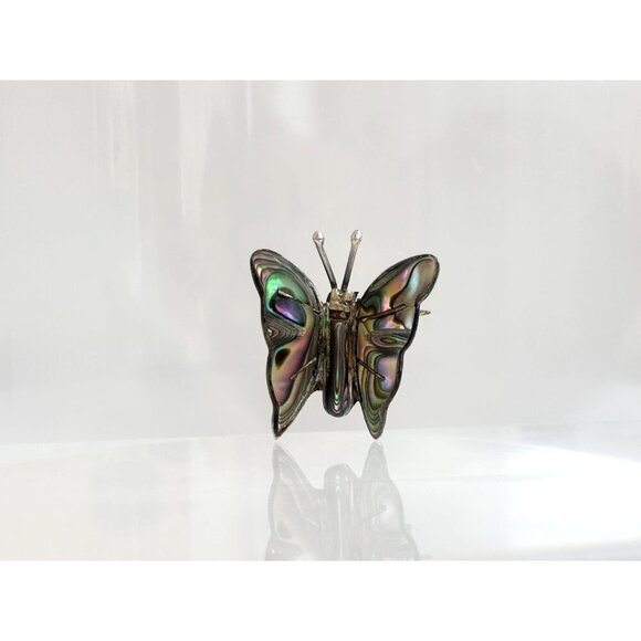 Butterfly Shaped Mexican Made Abalone Shell Inlay Vintage Sterling Silver Brooch - Picture 3 of 10